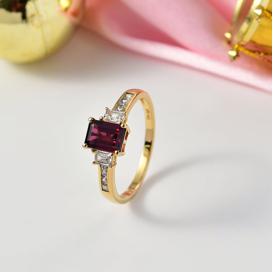 D'Joy Natürlicher Rhodolith Granat, Weißer Zirkon Ring 925 Silber vergoldet (Größe 20.00) ca. 3.19 ct