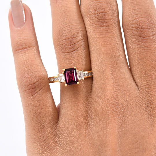 D'Joy Natürlicher Rhodolith Granat, Weißer Zirkon Ring 925 Silber vergoldet (Größe 20.00) ca. 3.19 ct