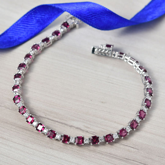 D'Joy Natürlicher Rhodolith Granat, Weißer Zirkon Armband ca. 20 cm 925 Silber rhodiniert ca. 14.97 ct