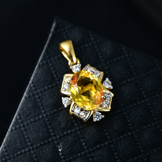 D'Joy - Sonnenstrahlen-Design Sphaleros Quarz-Triplette, Weißer Zirkon Anhänger, 925 Silber 750 Gelb vergoldet ca. 3.46 ct