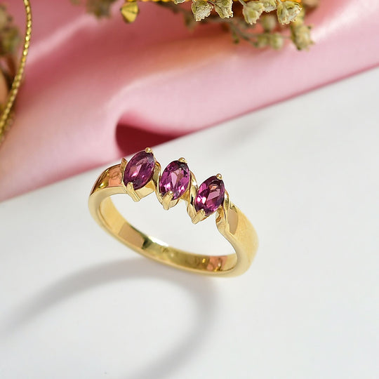 D'Joy Natürlicher Rhodolith Granat Ring 925 Silber 750 Gelb Vergoldet (Größe 20.00) ca. 0.91 ct