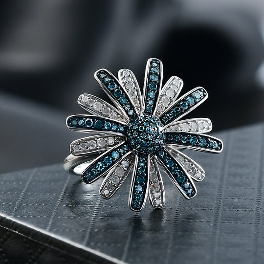 D'Joy Blauer Diamant, Weißer Diamant Ring 925 Silber rhodiniert (Größe 20.00) ca. 1.00 ct