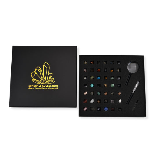 Minerals Collection 45pcs 1pcs Clear Quartz, size about 2-3cm 42pcs different stones, size about 1cm 1pc Black pen(10.5cm L,4.13inch L) 1pc 5X Magnifying glass(10.5x5cm,4.13x1.96inch) 1pc Instruction manual in English version Box size: about 26.5*25.5*3