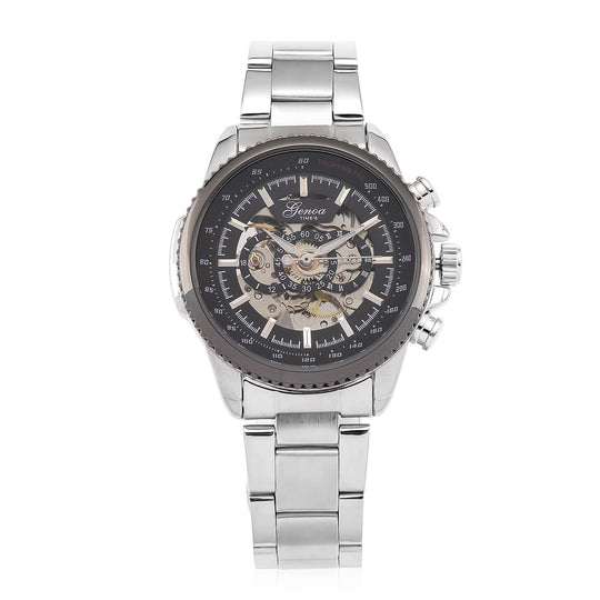 GENOA TIME - Bicolor-Armbanduhr, Reiner Edelstahl, schwarz-silberfarben, Automatik, 3 ATM wasserdicht