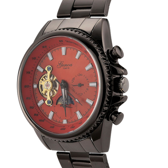 GENOA TIME - Bicolor-Armbanduhr, Reiner Edelstahl, schwarz-rotfarben, Automatik, 3 ATM wasserdicht