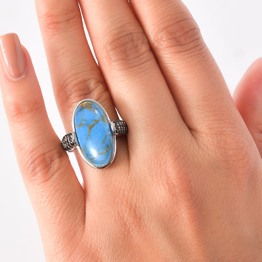 EVER TRUE Blaues Türkis, Schwarzer Spinell Ring 316L Edelstahl (Größe 21.00) ca. 8.30 ct