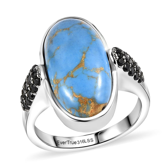 EVER TRUE Blaues Türkis, Schwarzer Spinell Ring 316L Edelstahl (Größe 21.00) ca. 8.30 ct