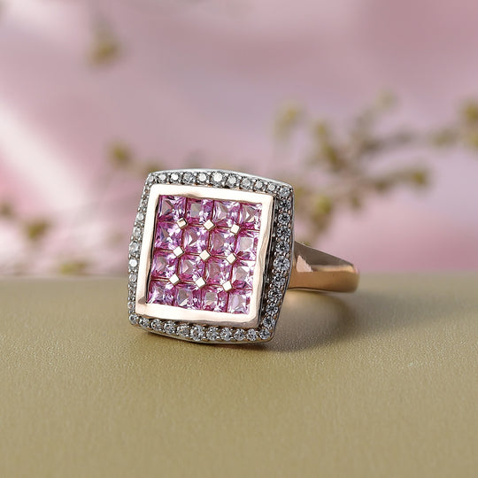 Luxuriant - AA Lab Grown Rosa Saphir, Weißer Zirkon Ring 925 Silber 750 Roségold Vermeil (Größe 19.00) ca. 2.24 ct