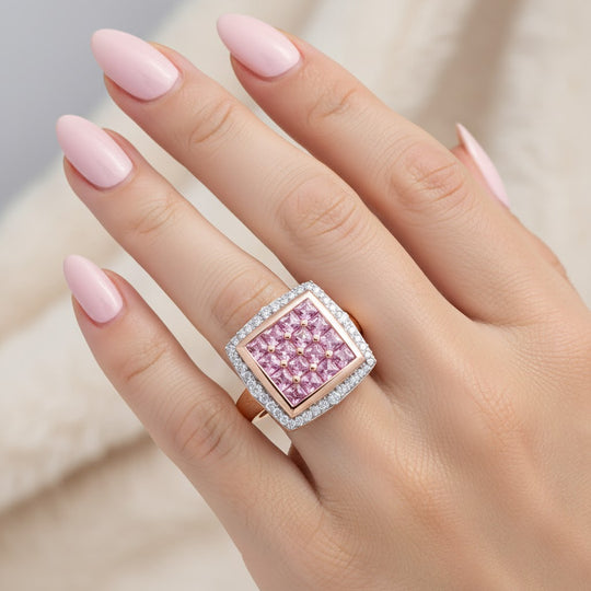 Luxuriant - AA Lab Grown Rosa Saphir, Weißer Zirkon Ring 925 Silber 750 Roségold Vermeil (Größe 19.00) ca. 2.24 ct