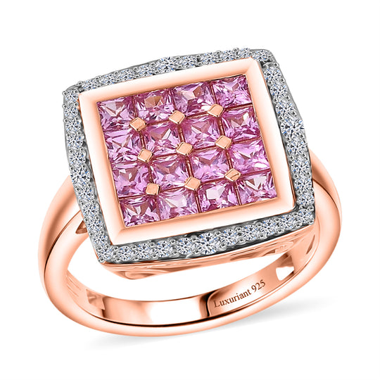 Luxuriant - AA Lab Grown Rosa Saphir, Weißer Zirkon Ring 925 Silber 750 Roségold Vermeil (Größe 19.00) ca. 2.24 ct