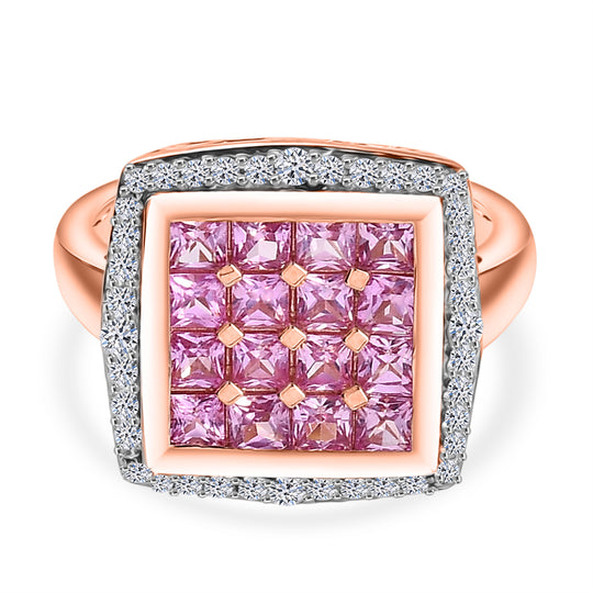 Luxuriant - AA Lab Grown Rosa Saphir, Weißer Zirkon Ring 925 Silber 750 Roségold Vermeil (Größe 19.00) ca. 2.24 ct