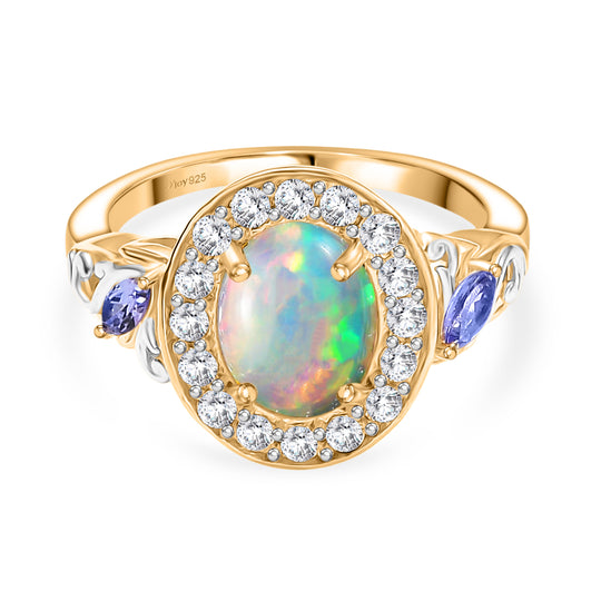 D'Joy Natürlicher, äthiopischer Welo Opal, Tansanit Ring 925 Silber vergoldet (Größe 18.00) ca. 2,15 ct