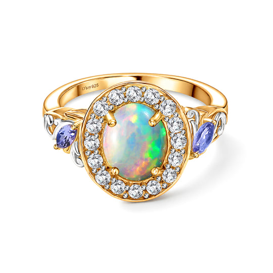 D'Joy Natürlicher, äthiopischer Welo Opal, Tansanit Ring 925 Silber vergoldet (Größe 21.00) ca. 2,15 ct