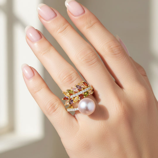 Lila Süßwasser Perle, Mehrfarbiger Zirkonia Ring Nickelfreies Messing, Goldfarben, Flexibles (Größe 17.00-19.00)