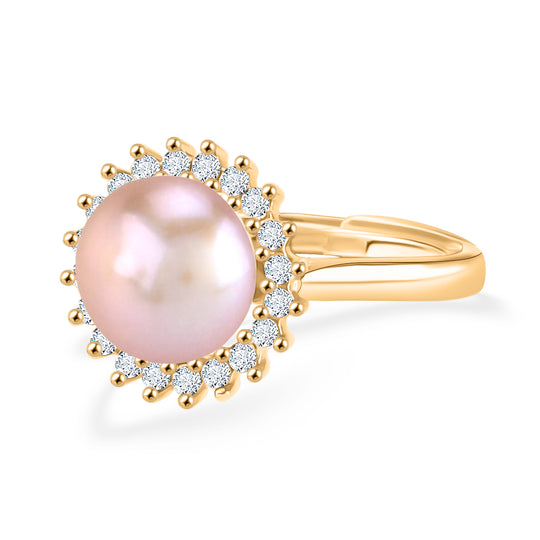 Lila Süßwasser Perle, Weißer Zirkonia Ring Nickelfreies Messing, Goldfarben, Flexibles (Größe 17.00-19.00)