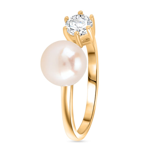 Flexibler weißer Süßwasser Perle und weißer Zirkonia Ring, Messing in Goldton (Größe 16.00-18.00)