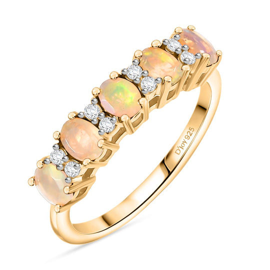 Natürlicher, äthiopischer Welo Opal, Weißer Zirkon Ring 925 Silber 750 Gelb Vergoldet (Größe 21.00) ca. 0.75 ct