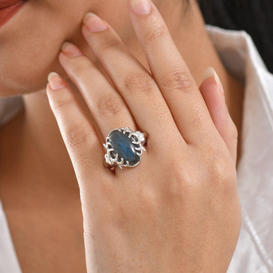 DER RENTIER RING D'Joy AAA Labradorit Ring 925 Silber rhodiniert (Größe 19.00) ca. 8.00 ct