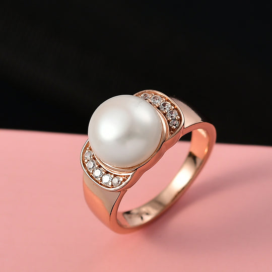 EVER TRUE Süßwasser Perle (10.5-11 mm), Weißer Zirkon Ring Nickelfreies Messing (Größe 20.00), Silberfarben