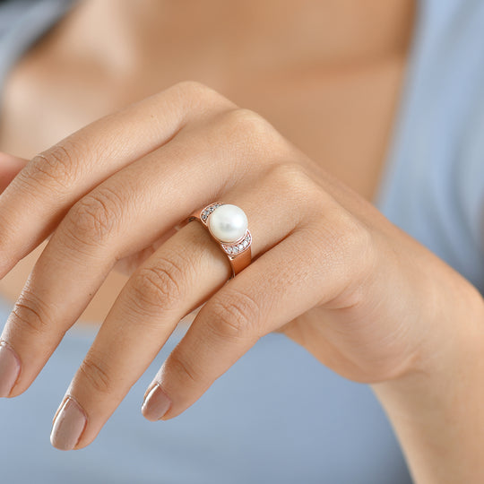 EVER TRUE Süßwasser Perle (10.5-11 mm), Weißer Zirkon Ring Nickelfreies Messing (Größe 20.00), Silberfarben
