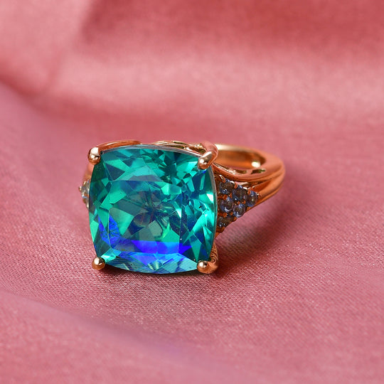 D'Joy Pfau Quarz Triplette, Blauer Apatit Ring 925 Silber 750 Gelbgold Vermeil (Größe 19.00) ca. 13,34 ct