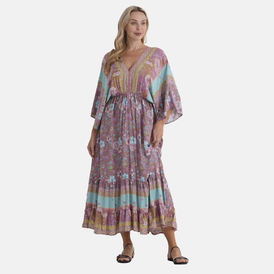 LA MAREY Viskose Kleid mit Kimonoärmeln, elastischer Taille, Einheitsgröße, mehrfarbig gemustert