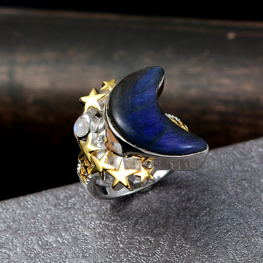 D'Joy AAA Labradorit, Regenbogen Mondstein Ring 925 Silber Rhodiniert und 750 Gelbgold Vermeil (Größe 17.00) ca. 10.41 ct