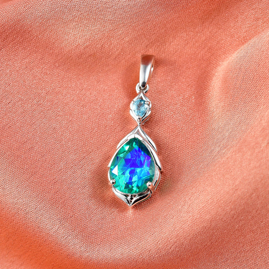 D'Joy Pfau Quarz Triplette, Blauer Apatit Anhänger 925 Silber rhodiniert ca. 3.48 ct