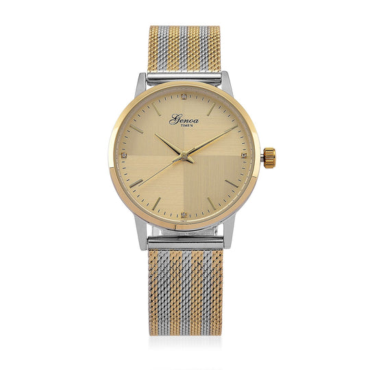 GENOA TIME - V2 Automatik Armbanduhr, Gehäuse 316 Edelstahl Sonnenschein Zifferblatt mit weißem Diamant Edelstahl Mesharmband goldfarben
