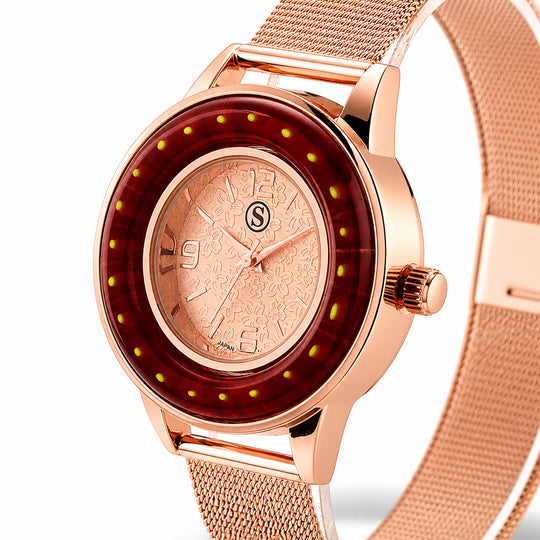 STRADA Uhr mit Murano Stil Glas Besatz, PC21S japanisches Uhrwerk, Edelstahl, Rot, Roségoldfarben
