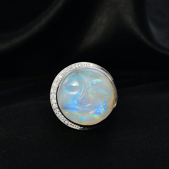 D'Joy AAA Regenbogen Mondstein, Weißer Zirkon Ring 925 Silber rhodiniert (Größe 21.00) ca. 17,26 ct