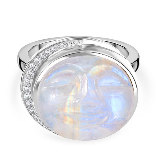 D'Joy AAA Regenbogen Mondstein, Weißer Zirkon Ring 925 Silber rhodiniert (Größe 21.00) ca. 17,26 ct