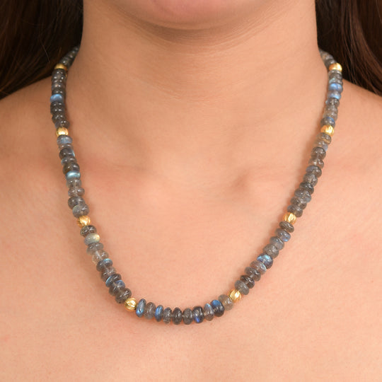 D'Joy AAA Labradorit Halskette ca. 45 cm + 5 cm Extender, 925 Silber 750 Gelbgold Vermeil ca. 150,00 ct.