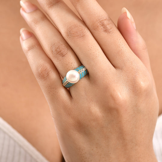 EVER TRUE Süßwasser Perle (9-9.5 mm), Weißer Zirkon Ring Nickelfreies Messing, Blaue Emailliert, goldfarben, (Größe 18.00)