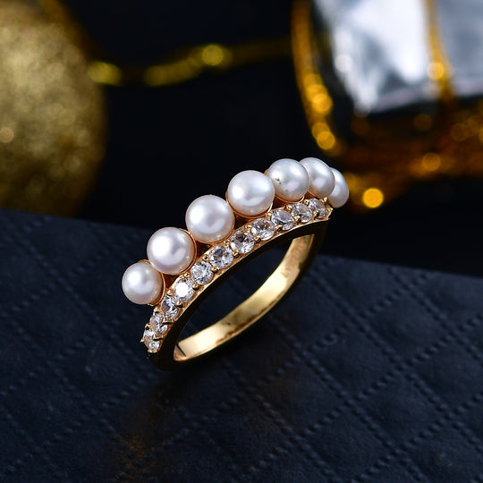EVER TRUE Süßwasser Perle (4 mm), Weißer Zirkon Ring Nickelfreies Messing, goldfarben (Größe 21.00)