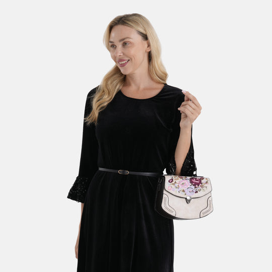 Kompakte Crossbody-Tasche mit floraler Stickerei, 23 x 9 x 17 cm, Apricot