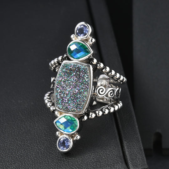 Sajen Silber - Drusy, Pfau Quarz Triplette, Iolit Ring 925 Silber rhodiniert (Größe 17.00) ca. 6.20 ct