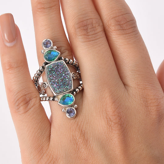 Sajen Silber - Drusy, Pfau Quarz Triplette, Iolit Ring 925 Silber rhodiniert (Größe 17.00) ca. 6.20 ct