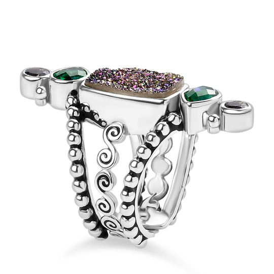 Sajen Silber - Drusy, Pfau Quarz Triplette, Iolit Ring 925 Silber rhodiniert (Größe 17.00) ca. 6.20 ct