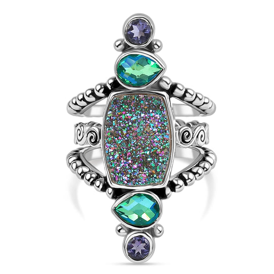 Sajen Silber - Drusy, Pfau Quarz Triplette, Iolit Ring 925 Silber rhodiniert (Größe 17.00) ca. 6.20 ct