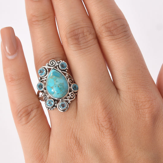 Sajen Silber - Türkis, Paraiba Quarz Ring 925 Silber rhodiniert (Größe 19.00) ca. 6.63 ct
