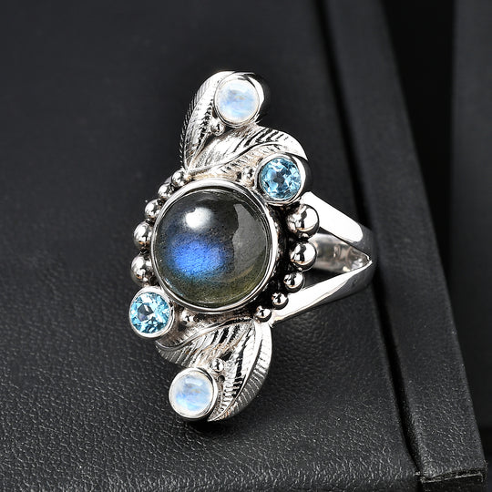 Sajen Silber - AAA Labradorit, Schweizer Blautopas, Schweizer Blautopas Ring 925 Silber rhodiniert (Größe 19.00) ca. 5.07 ct