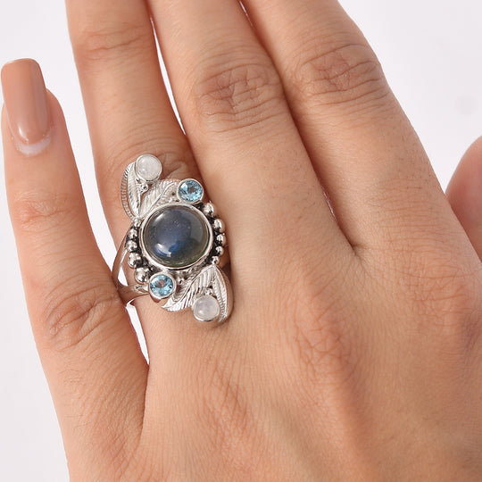 Sajen Silber - AAA Labradorit, Schweizer Blautopas, Schweizer Blautopas Ring 925 Silber rhodiniert (Größe 19.00) ca. 5.07 ct