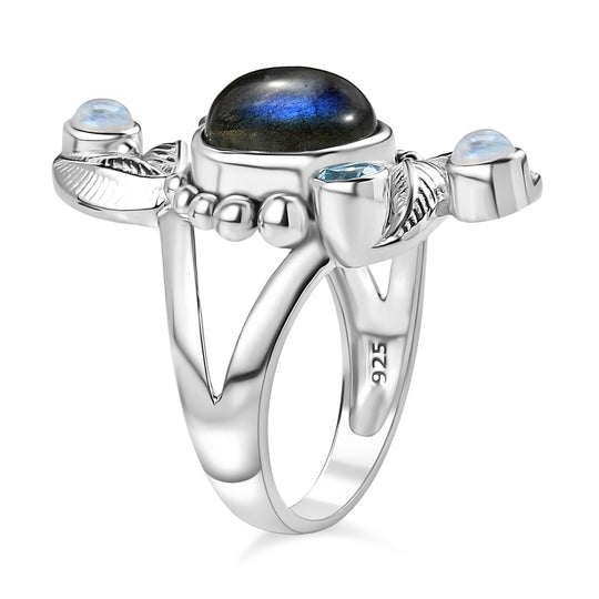 Sajen Silber - AAA Labradorit, Schweizer Blautopas, Schweizer Blautopas Ring 925 Silber rhodiniert (Größe 19.00) ca. 5.07 ct