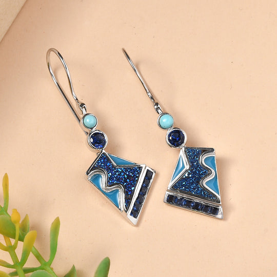 Sajen Silber - Blauer Drusy Quarz, Saphirkristall, Türkis Ohrringe 925 Silber rhodiniert ca. 6.38 ct
