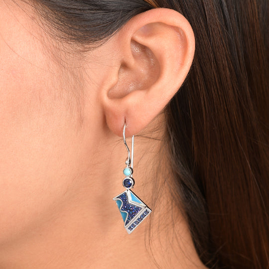 Sajen Silber - Blauer Drusy Quarz, Saphirkristall, Türkis Ohrringe 925 Silber rhodiniert ca. 6.38 ct