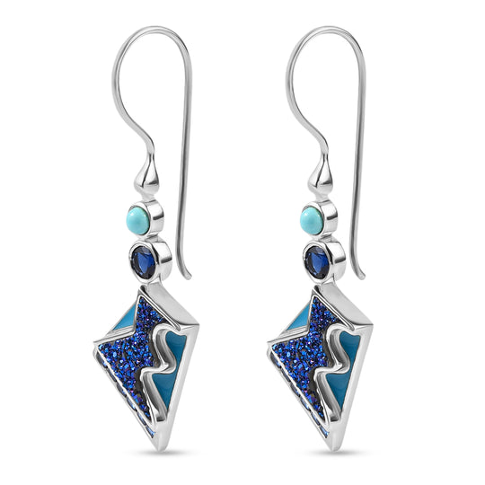 Sajen Silber - Blauer Drusy Quarz, Saphirkristall, Türkis Ohrringe 925 Silber rhodiniert ca. 6.38 ct