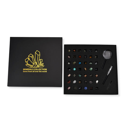 LIVMORE Mineralien Sammlung Set 45 teilig mit Bergkristall und Lupe, Mehrfarbig