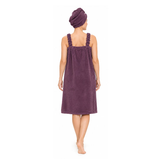 LIVMORE 2er-Set Plüsch-Badehandtuchkleid mit Trägern 140x82cm, Tasche und Haarturban, 260gsm 100% Polyester, Lila