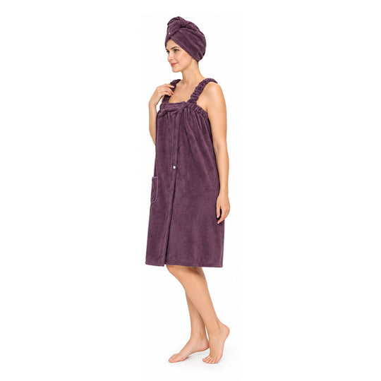 LIVMORE 2er-Set Plüsch-Badehandtuchkleid mit Trägern 140x82cm, Tasche und Haarturban, 260gsm 100% Polyester, Lila